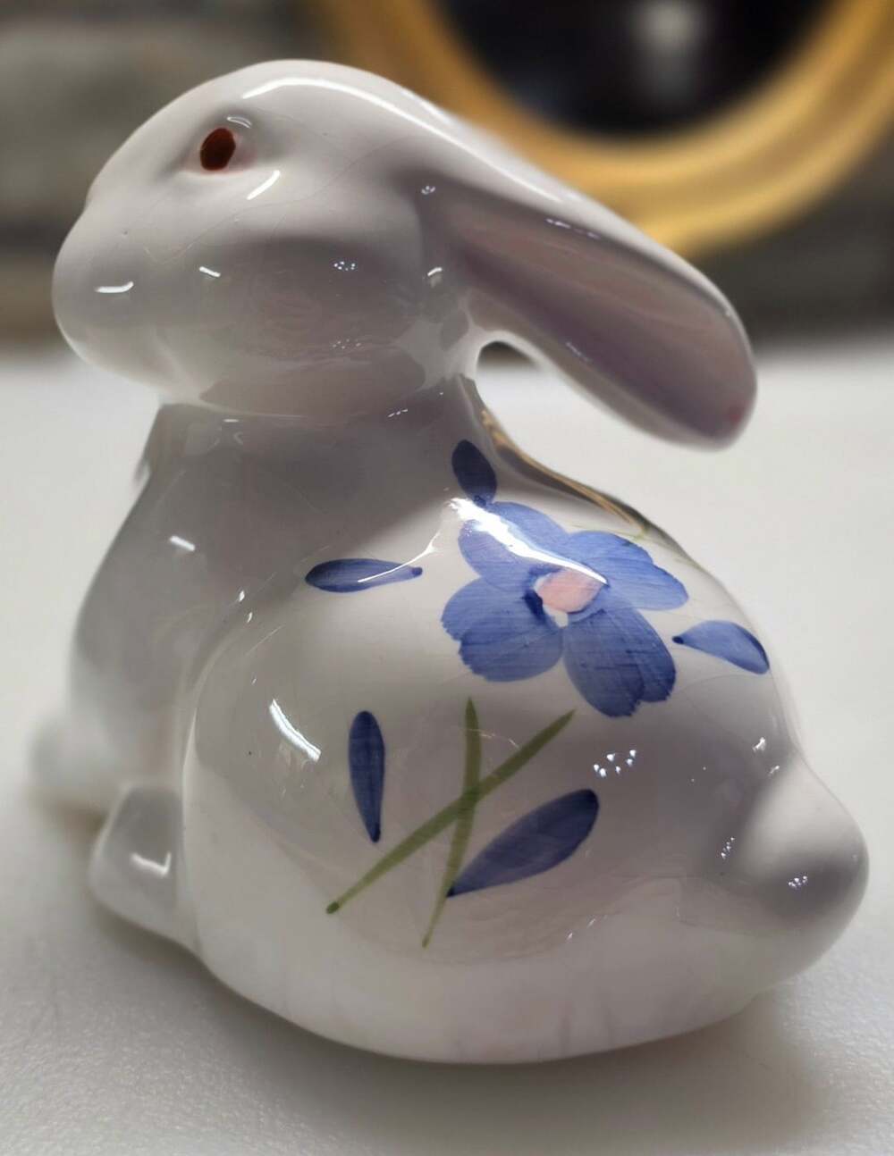 Vintage Ceramic Bunny Figurine White Blue Floral Easter Spring